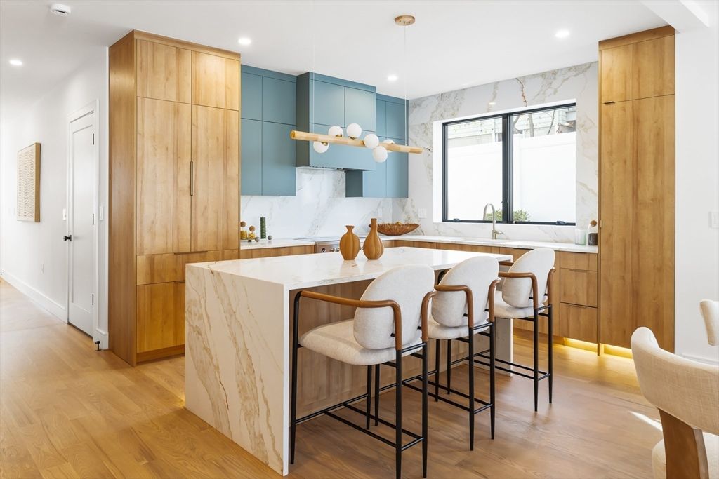 Interior, Kitchen, Marble Walls, Recessed Lighting, Wood Texture Flooring