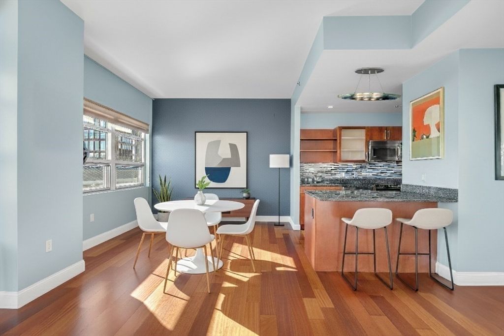 Dining room, Interior, Kitchen, Pendant Lights, Recessed Lighting, Stainless Steel Appliances, Wood Texture Flooring