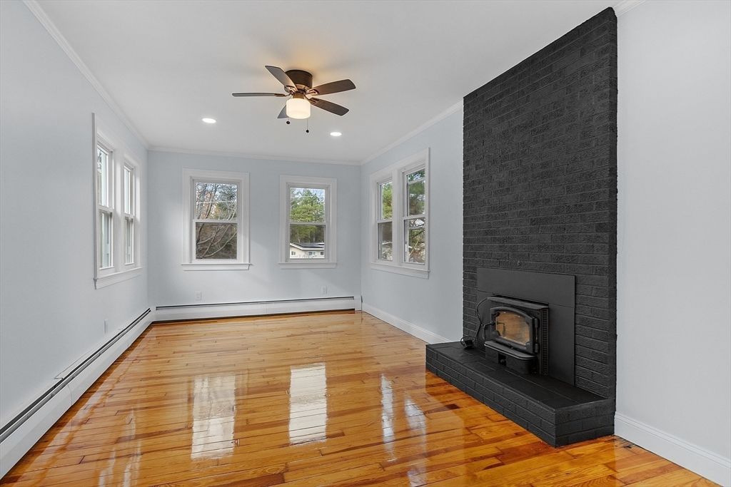 Empty room, Fireplace, Interior, Recessed Lighting, Wood Texture Flooring