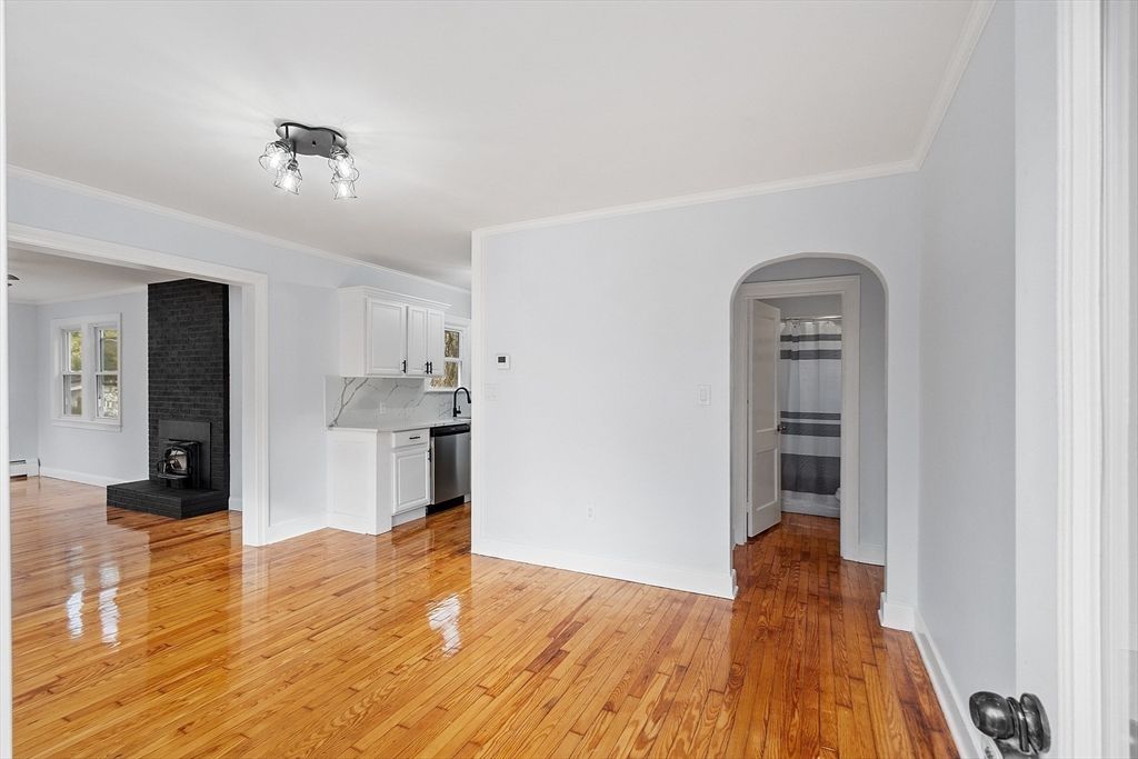 Empty room, Fireplace, Interior, Kitchen, Wood Texture Flooring