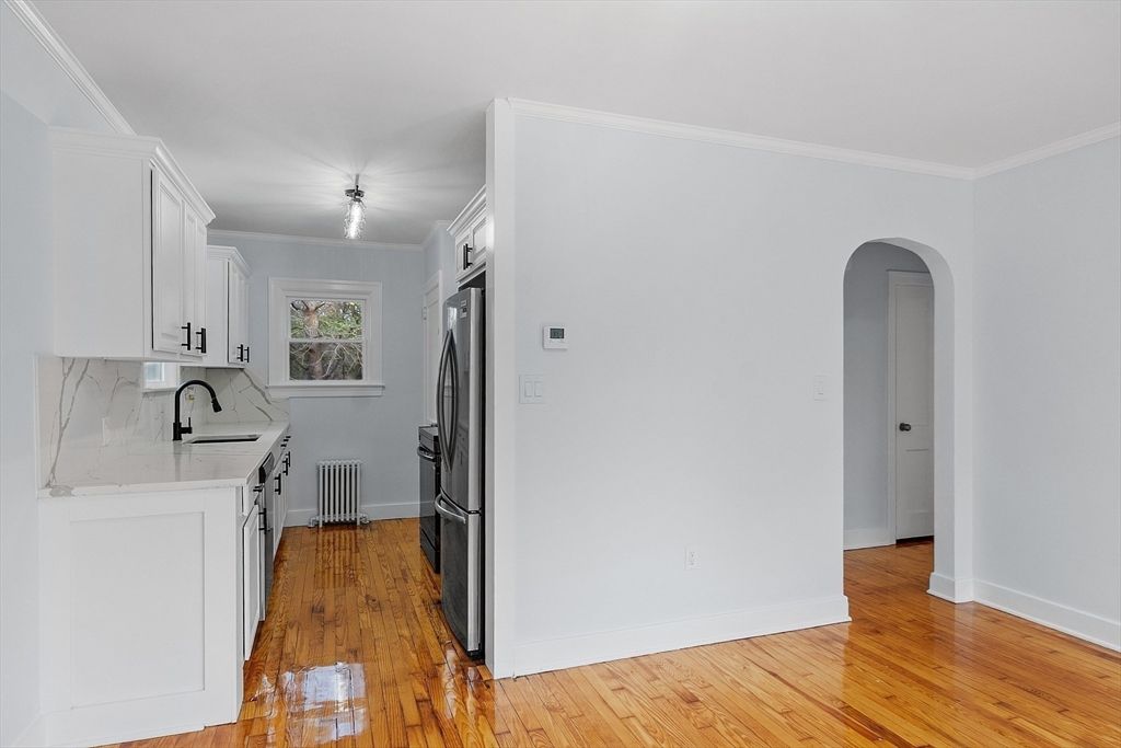 Interior, Kitchen, Marble Walls, Stainless Steel Appliances, Wood Texture Flooring