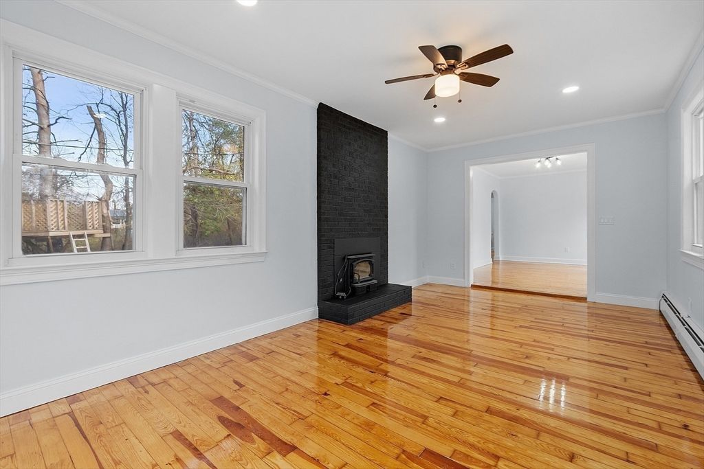 Empty room, Fireplace, Interior, Recessed Lighting, Wood Texture Flooring
