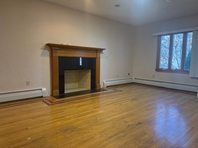 Empty room, Fireplace, Interior, Recessed Lighting, Wood Texture Flooring