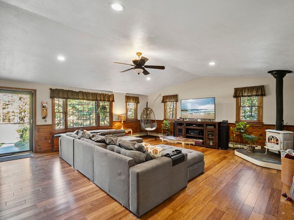 Fireplace, Interior, Living room, Recessed Lighting, Wood Texture Flooring