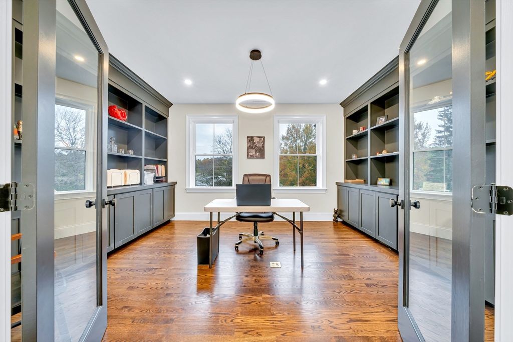 Home Office, Interior, Pendant Lights, Recessed Lighting, Wood Texture Flooring