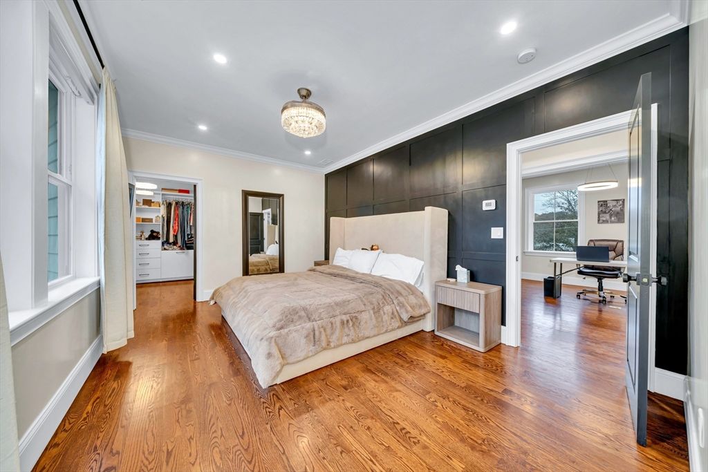 Bedroom, Chandelier, Interior, Recessed Lighting, Wood Texture Flooring