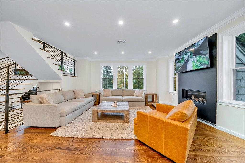 Fireplace, Interior, Living room, Recessed Lighting, Wood Texture Flooring