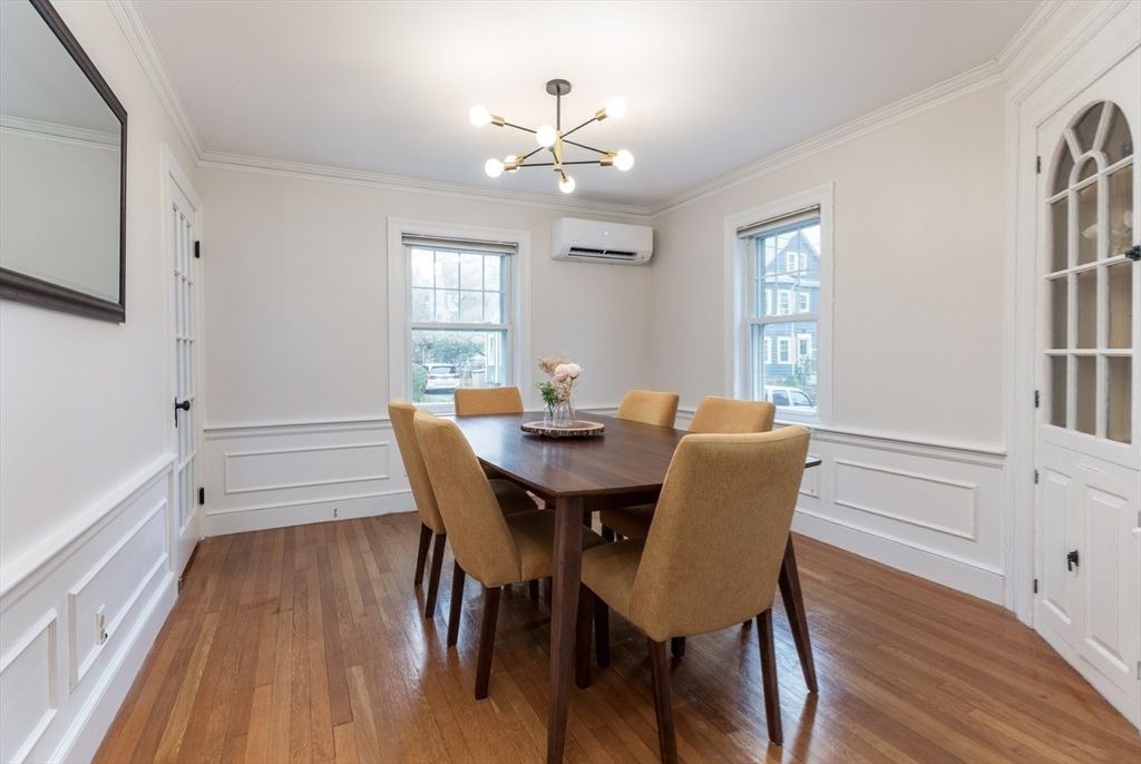Dining room, Interior, Pendant Lights, Wood Texture Flooring