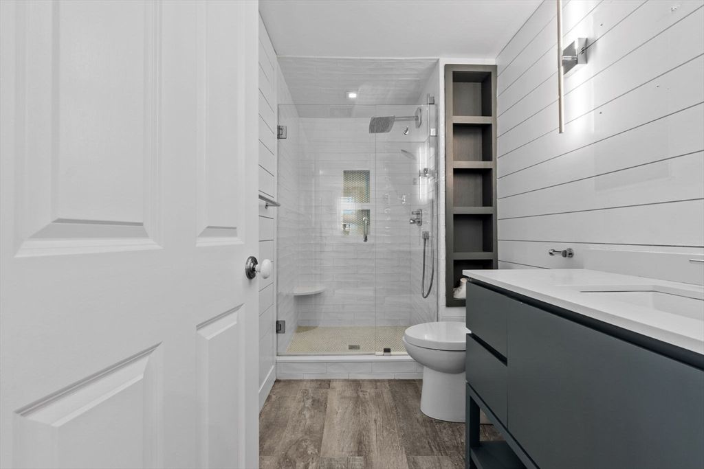 Bathroom, Glass Shower, Interior, Recessed Lighting, Wood Texture Flooring