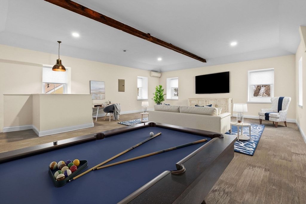 Billiard Table, Game Room, Interior, Living room, Pendant Lights, Recessed Lighting, Wood Texture Flooring