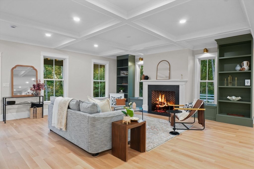 Fireplace, Interior, Living room, Recessed Lighting, Wood Texture Flooring