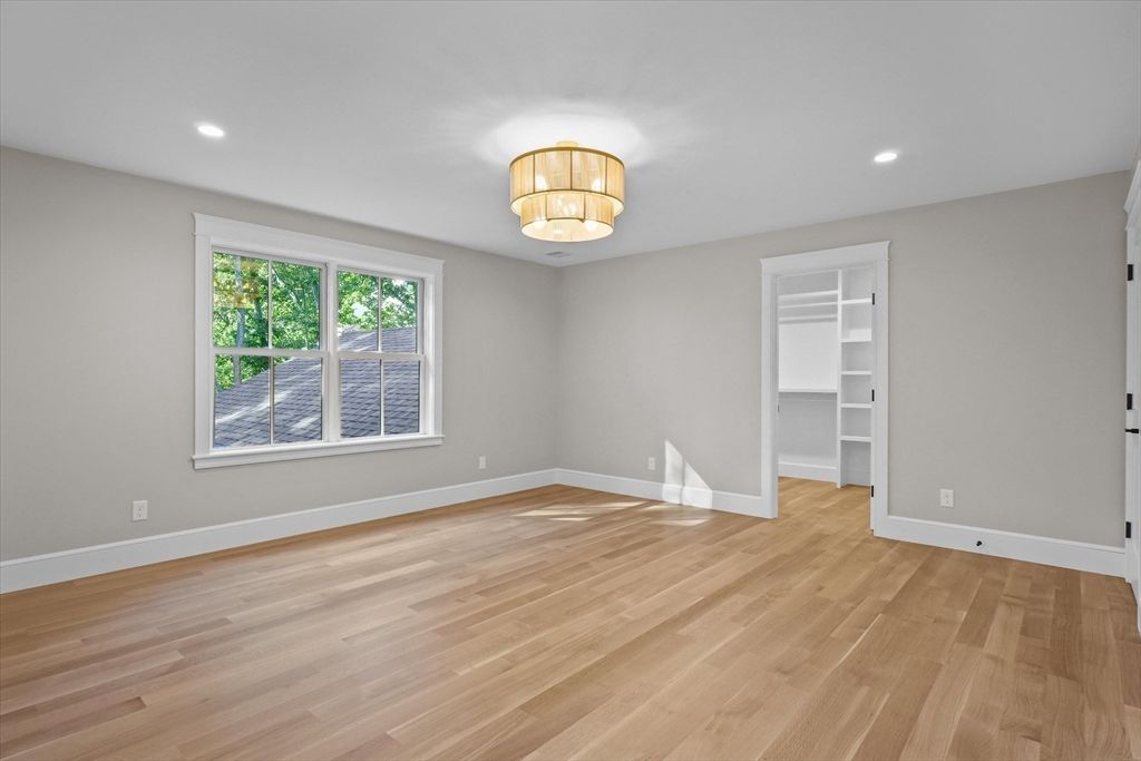 Chandelier, Empty room, Interior, Recessed Lighting, Wood Texture Flooring