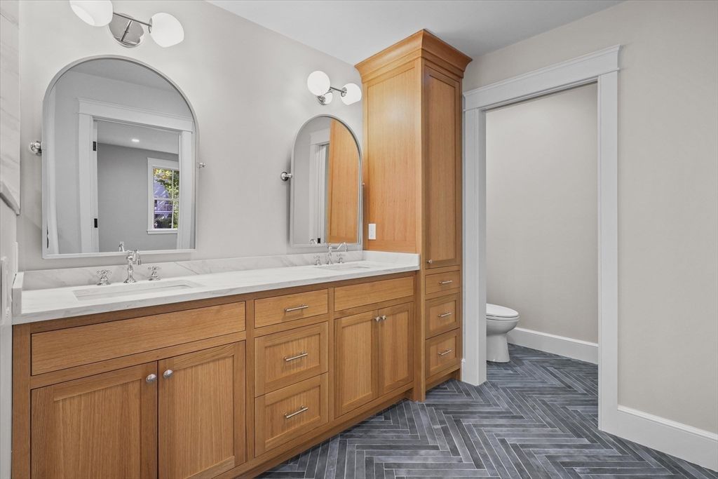 Bathroom, Dual Sink Vanities, Interior, Recessed Lighting, Wood Texture Flooring