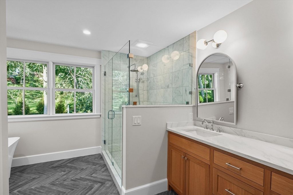 Bathroom, Dual Sink Vanities, Glass Shower, Interior, Recessed Lighting, Wood Texture Flooring