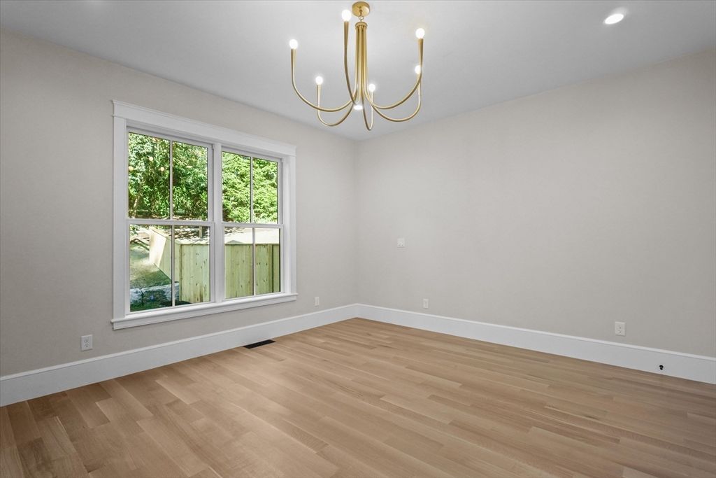Chandelier, Empty room, Interior, Recessed Lighting, Wood Texture Flooring