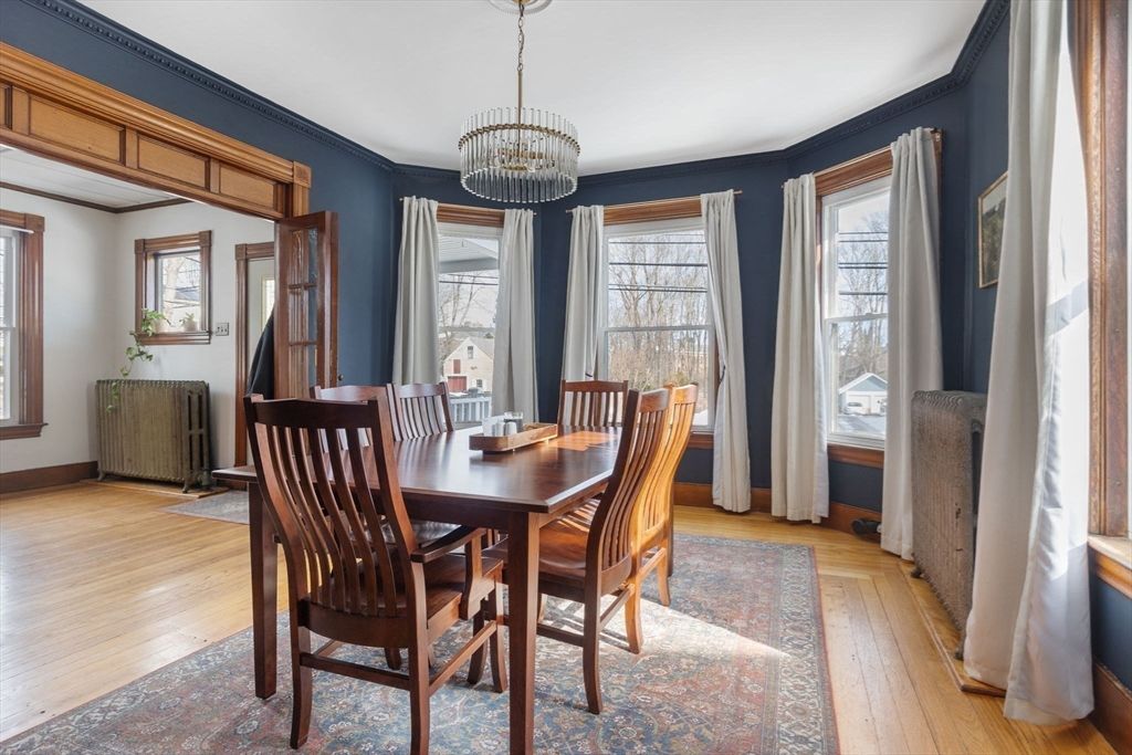 Dining room, Interior, Pendant Lights, Wood Texture Flooring