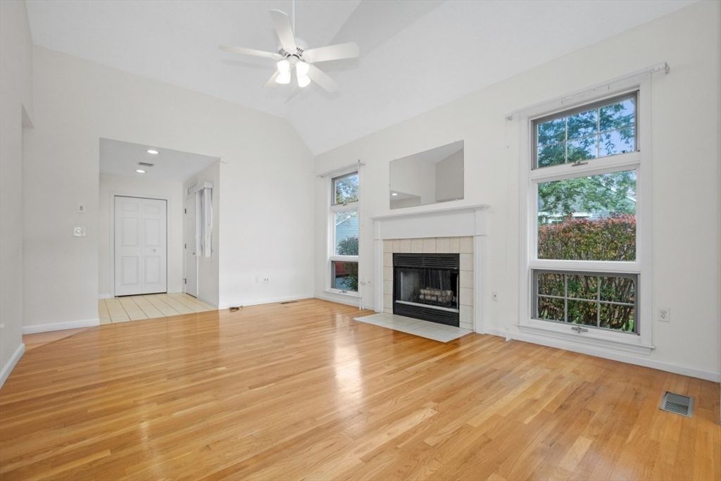 Empty room, Fireplace, Interior, Recessed Lighting, Wood Texture Flooring