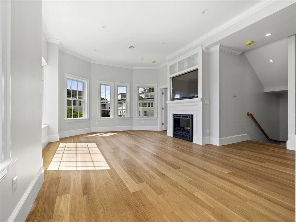 Empty room, Fireplace, Interior, Recessed Lighting, Wood Texture Flooring