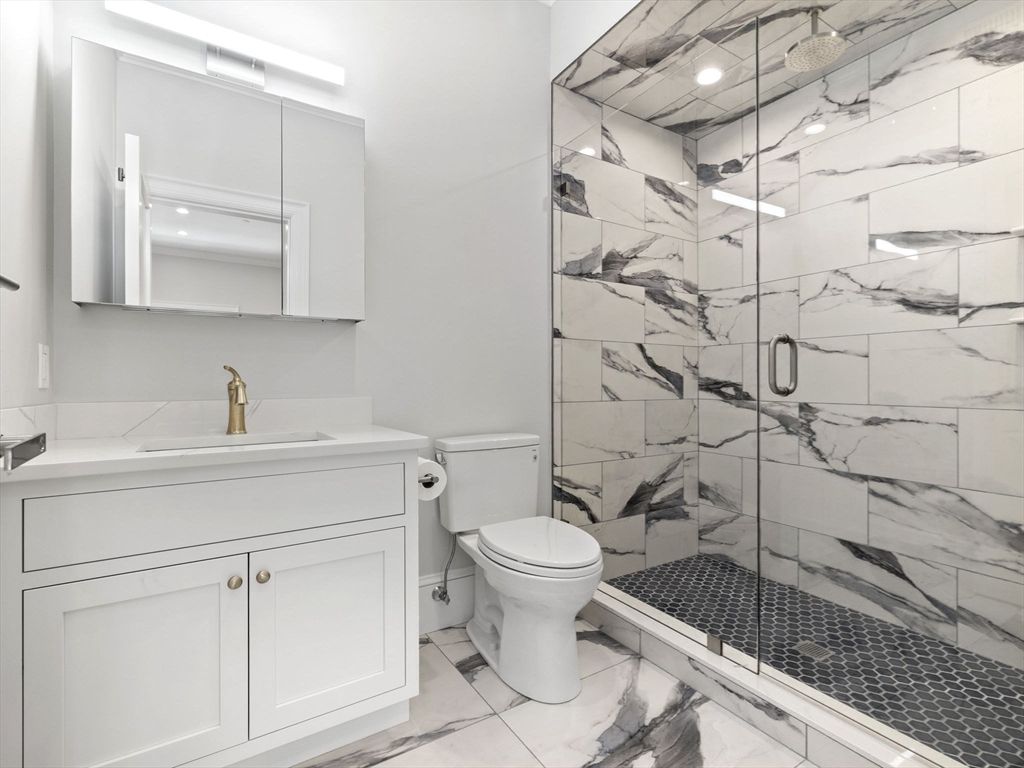 Bathroom, Glass Shower, Interior, Marble, Marble Walls, Recessed Lighting
