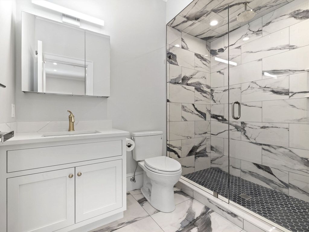 Bathroom, Glass Shower, Interior, Marble, Marble Walls, Recessed Lighting