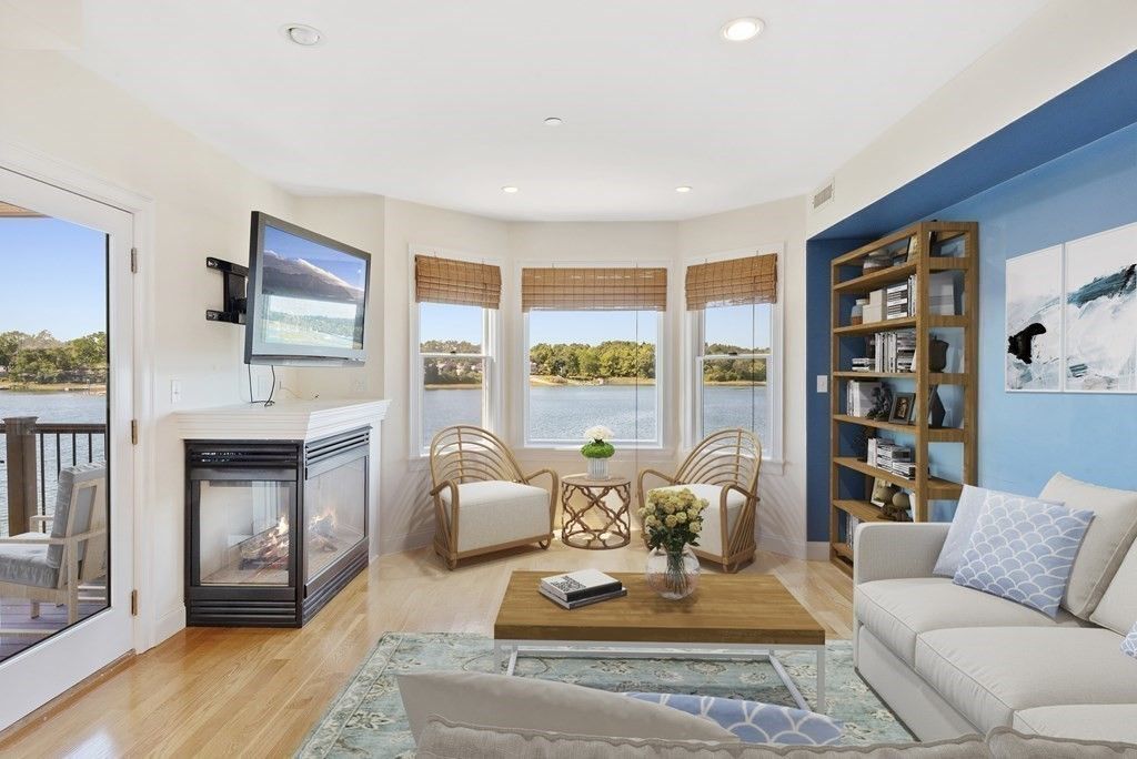 Fireplace, Interior, Living room, Recessed Lighting, Water, Wood Texture Flooring