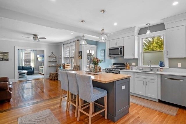 Interior, Kitchen, Pendant Lights, Recessed Lighting, Stainless Steel Appliances, Wood Texture Flooring