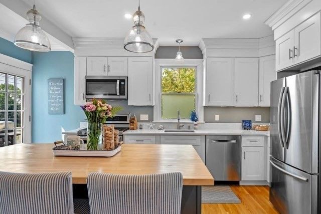 Interior, Kitchen, Pendant Lights, Recessed Lighting, Stainless Steel Appliances, Wood Texture Flooring