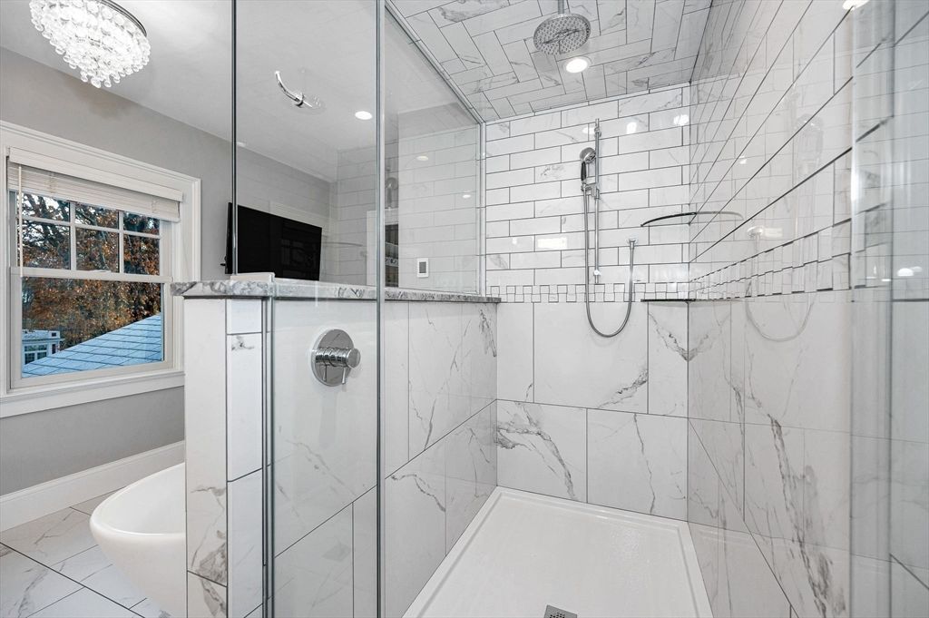 Bathroom, Glass Shower, Interior, Marble Walls, Recessed Lighting
