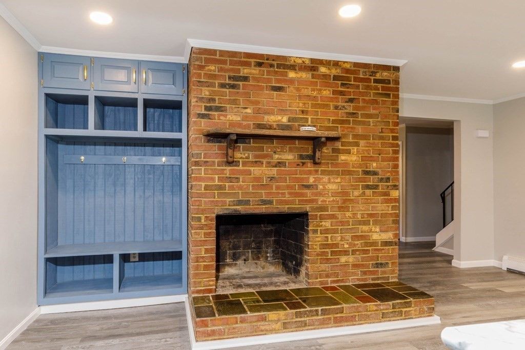 Fireplace, Interior, Recessed Lighting, Stone Walls, Wood Texture Flooring