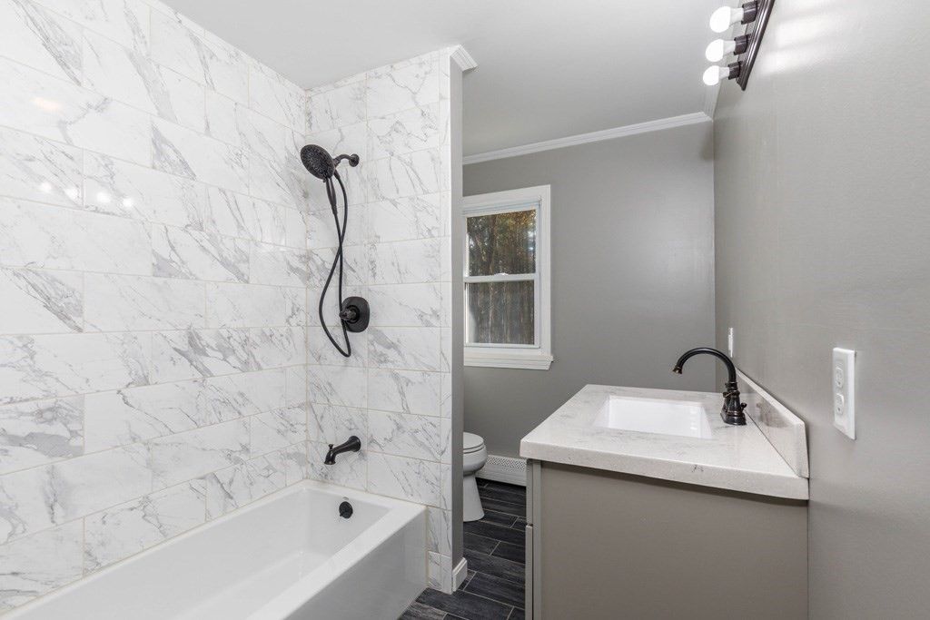 Bathroom, Interior, Marble Walls, Wood Texture Flooring