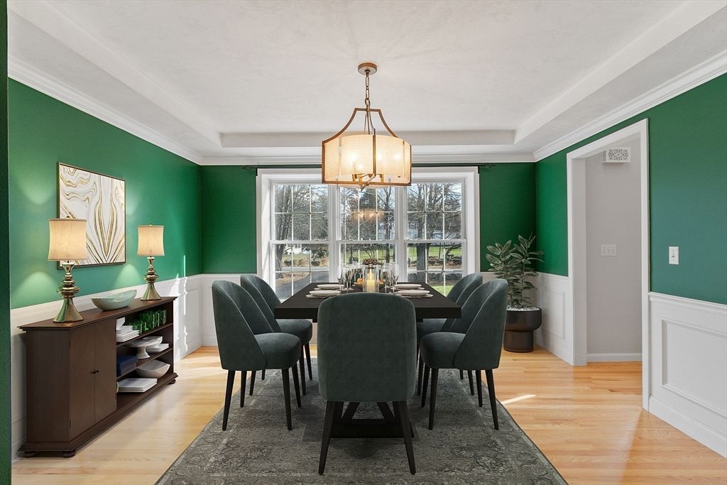 Dining room, Interior, Pendant Lights, Wood Texture Flooring