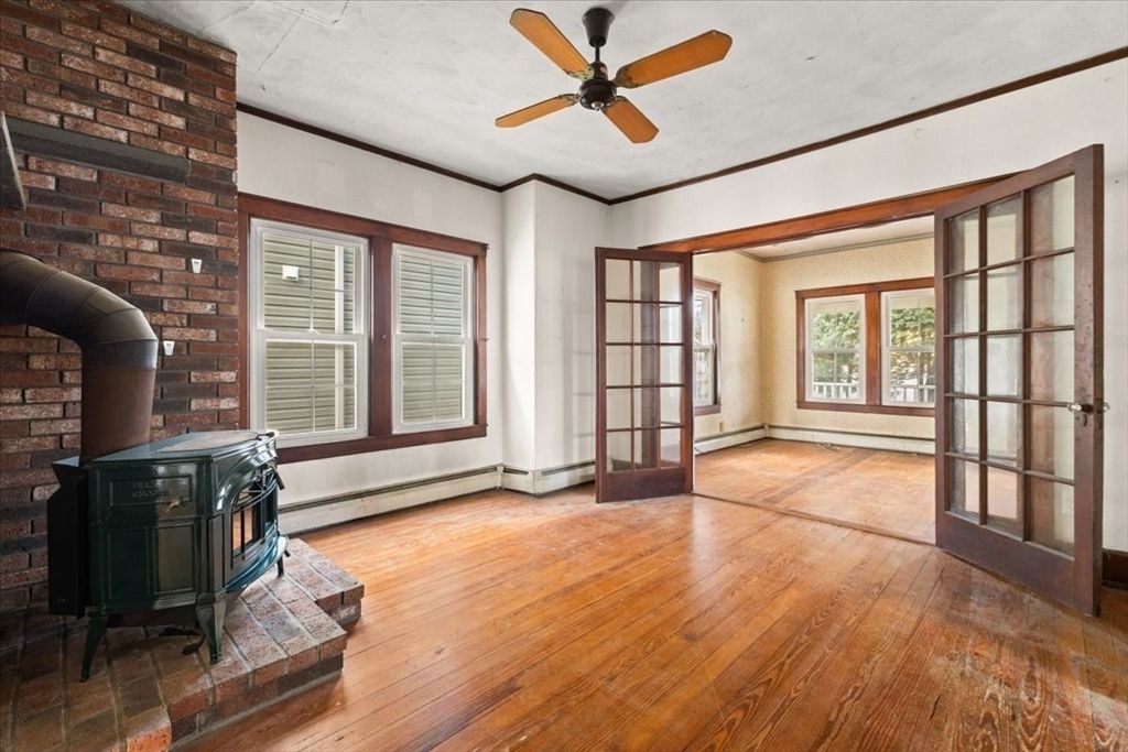 Empty room, Fireplace, Interior, Stone Walls, Wood Texture Flooring