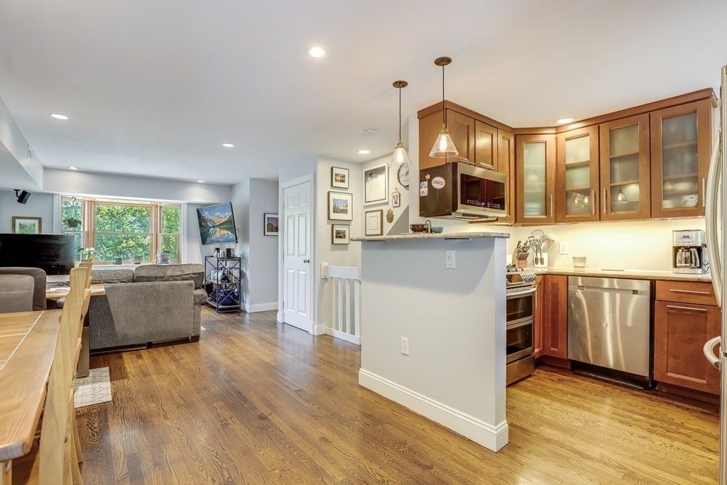 Interior, Kitchen, Living room, Pendant Lights, Recessed Lighting, Stainless Steel Appliances, Wood Texture Flooring