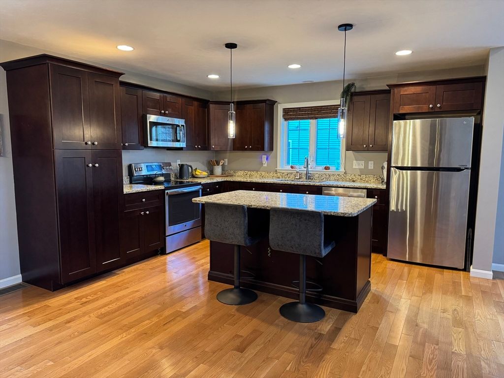 Interior, Kitchen, Pendant Lights, Recessed Lighting, Stainless Steel Appliances, Wood Texture Flooring