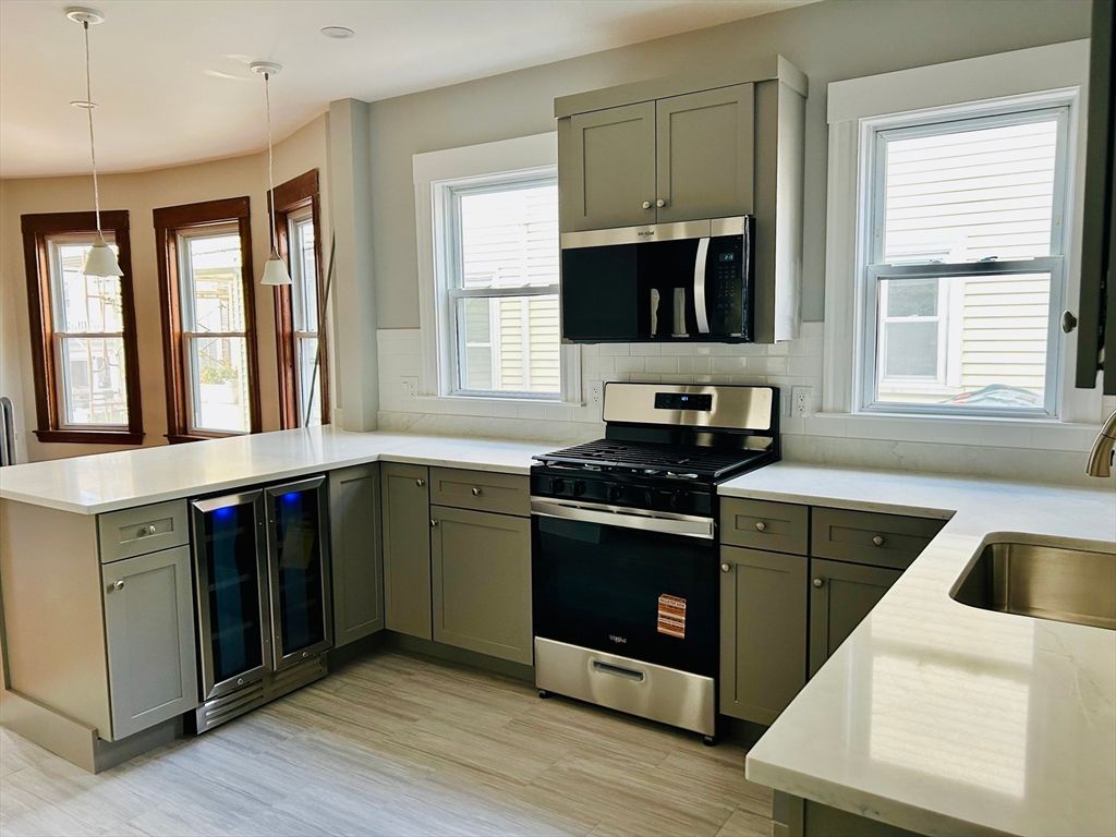 Interior, Kitchen, Pendant Lights, Stainless Steel Appliances, Wood Texture Flooring