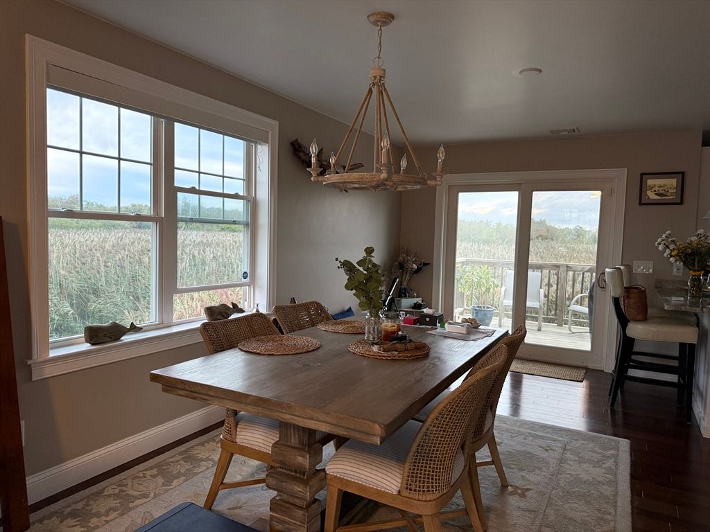 Dining room, Interior, Pendant Lights, Wood Texture Flooring