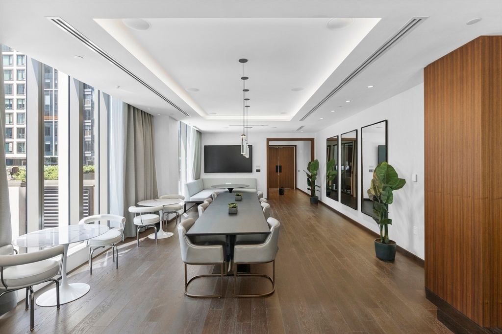 Dining room, Interior, Pendant Lights, Recessed Lighting, Wood Texture Flooring