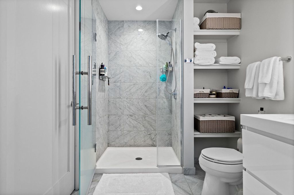 Bathroom, Glass Shower, Interior, Marble, Marble Walls, Recessed Lighting