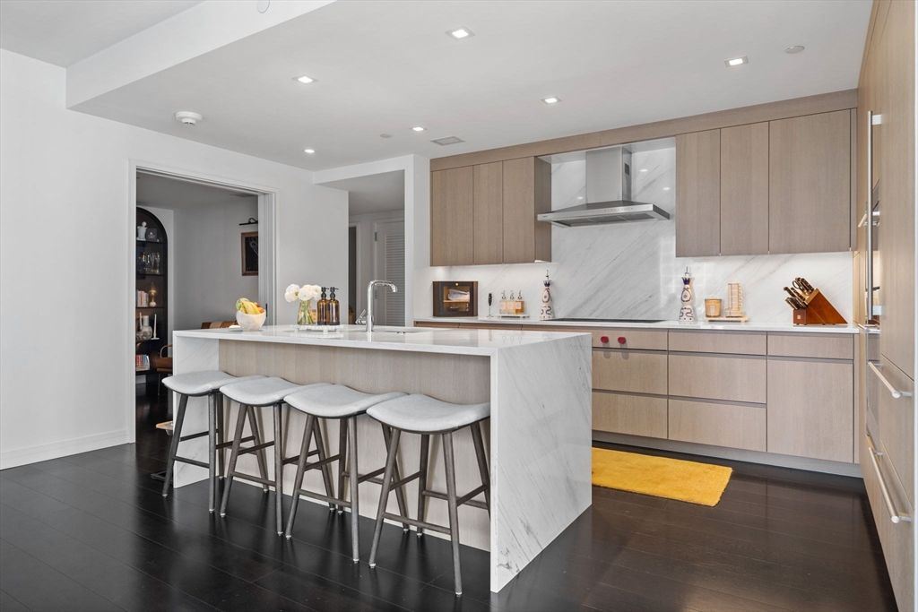 Interior, Kitchen, Marble Walls, Recessed Lighting, Wood Texture Flooring