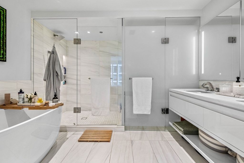 Bathroom, Glass Shower, Interior, Marble Walls, Recessed Lighting