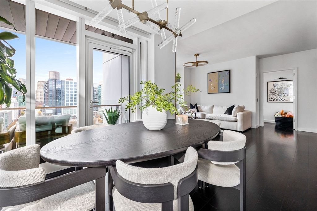 Dining room, Interior, Living room, Pendant Lights, Wood Texture Flooring