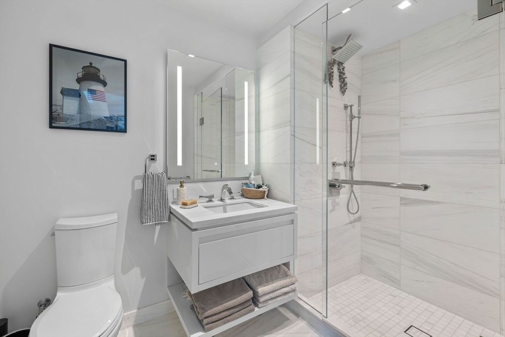 Bathroom, Glass Shower, Interior, Marble Walls, Recessed Lighting