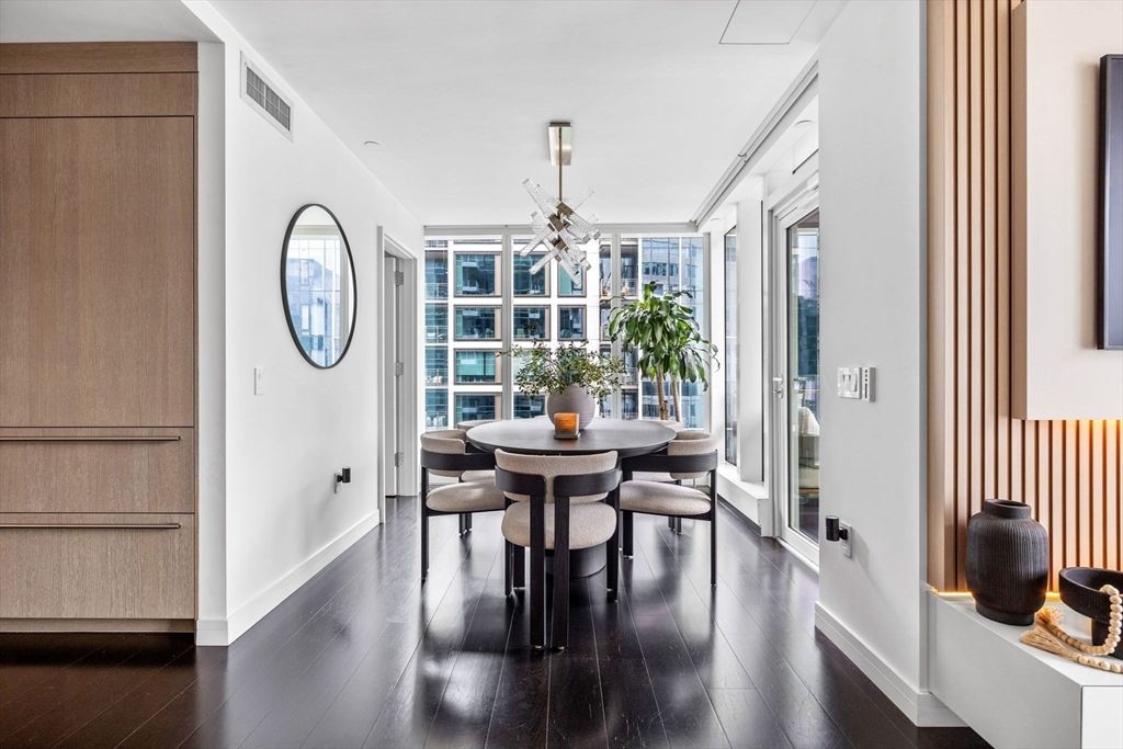 Dining room, Interior, Pendant Lights, Wood Texture Flooring