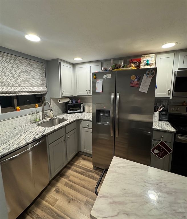 Interior, Kitchen, Recessed Lighting, Stainless Steel Appliances, Wood Texture Flooring