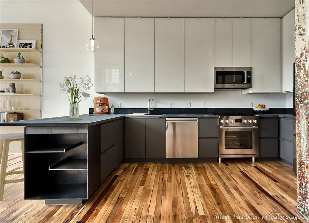 Interior, Kitchen, Pendant Lights, Stainless Steel Appliances, Wood Texture Flooring