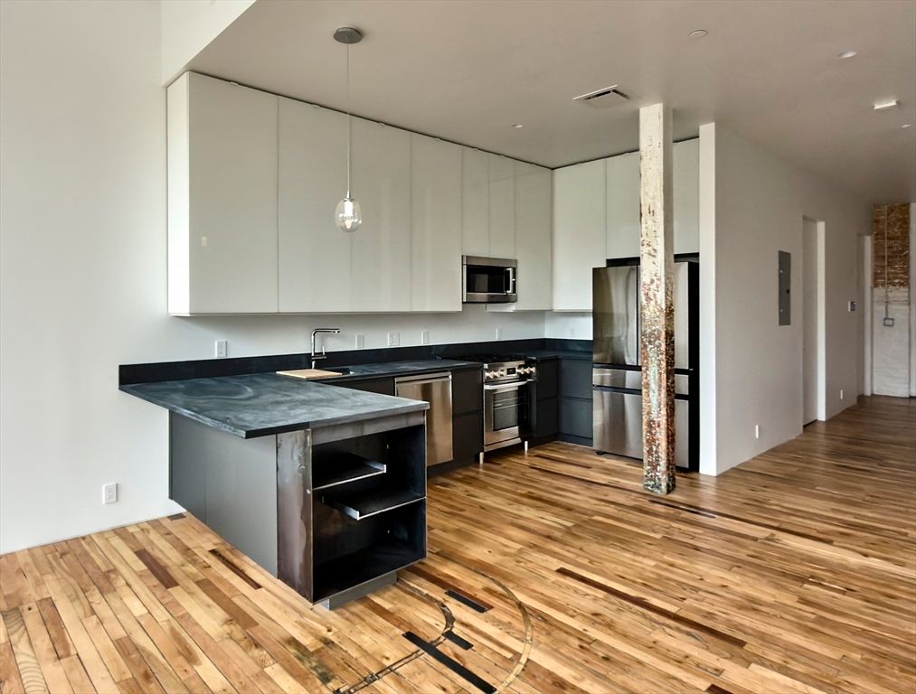 Interior, Kitchen, Pendant Lights, Recessed Lighting, Stainless Steel Appliances, Wood Texture Flooring