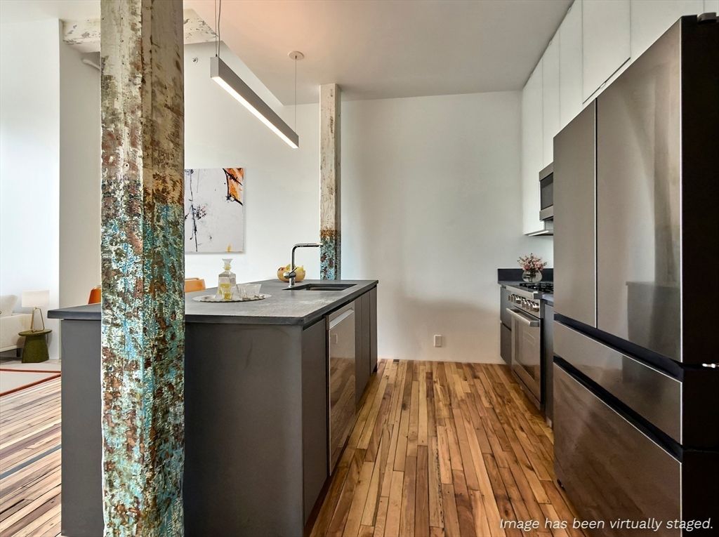 Interior, Kitchen, Pendant Lights, Stainless Steel Appliances, Wood Texture Flooring