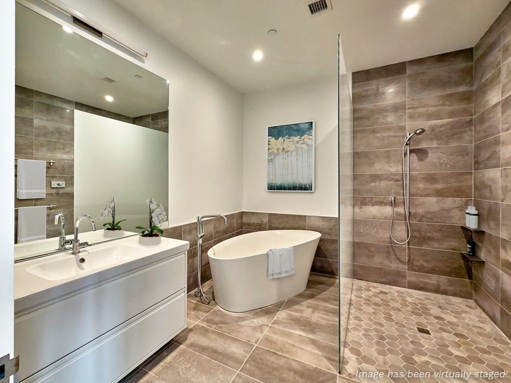 Bathroom, Free Standing Baths, Glass Shower, Interior, Recessed Lighting