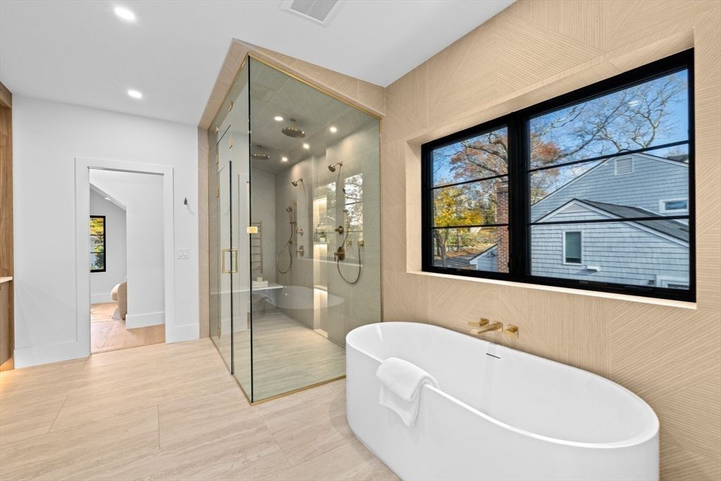 Bathroom, Free Standing Baths, Glass Shower, Interior, Recessed Lighting