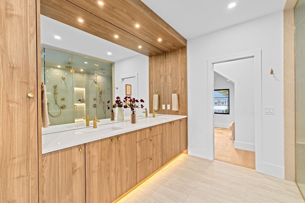 Bathroom, Dual Sink Vanities, Glass Shower, Interior, Recessed Lighting, Wooden Ceilings, Wooden Walls